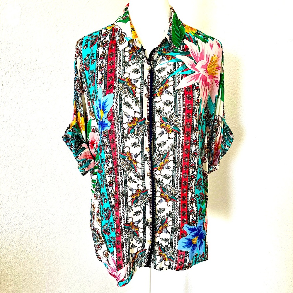 Johnny Was Clover Oversized Button Down Short Sleeve Shirt Size XS